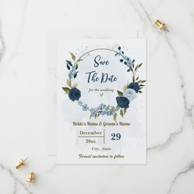 light &navy blue flowers botanical wedding save the date (Front/Back In Situ)