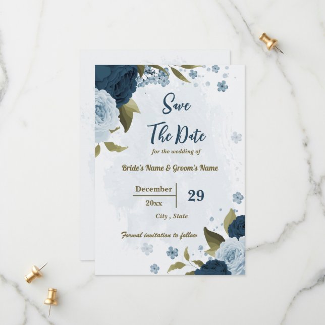 light &navy blue flowers botanical wedding save the date (Front/Back In Situ)