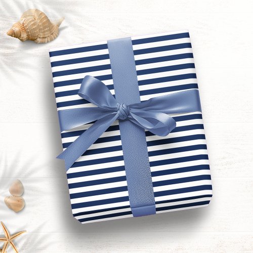 Light Navy Blue White Narrow Stripes Wrapping Paper