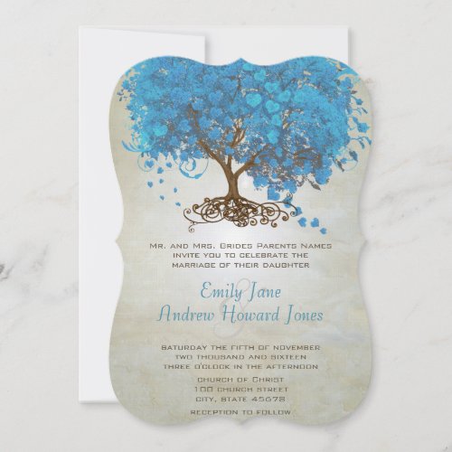 Light Ocean Blue Heart Leaf Tree Wedding Invites