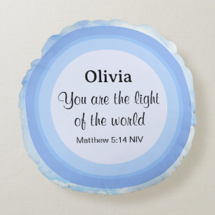 Light of the World Baby Blue Bible Verse Name Round Pillow