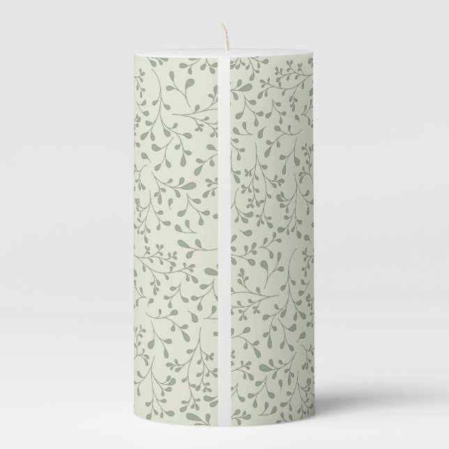 Light Olive Green Botanical Vine Pattern Pillar Candle (Back)