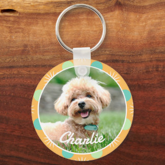 Light Orange Boho Pattern Personalized Pet Photo Keychain