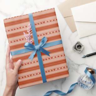 Light Orange & Dark Orange Hearts in Stripes Wrapping Paper