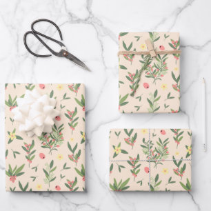 Light Orange, Green & Salmon Olive Branch Pattern Wrapping Paper Sheets