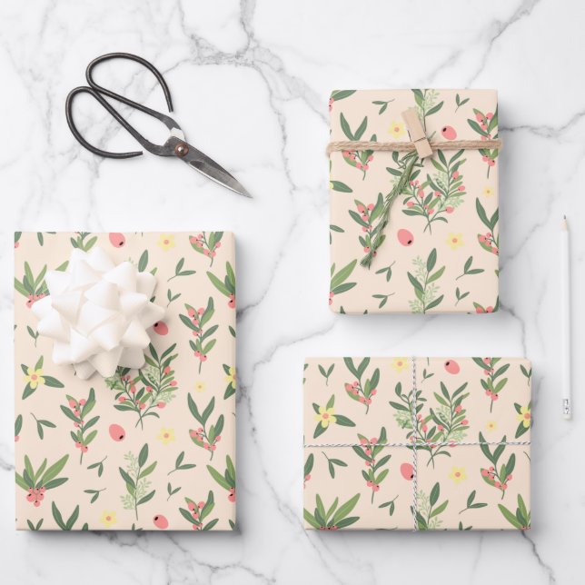 Light Orange, Green & Salmon Olive Branch Pattern Wrapping Paper Sheets (Front)