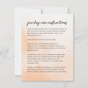 Light Orange Jewelry Care Instructions Note Card