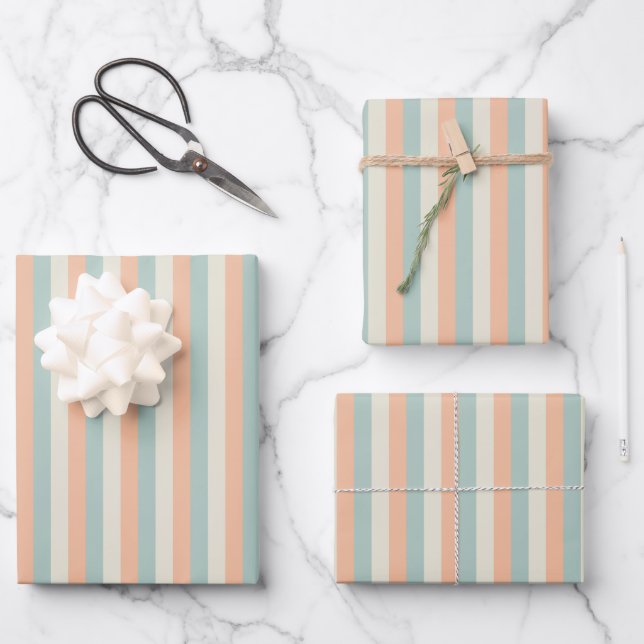 Light Orange / Sage Green / Yellow Stripes Wrapping Paper Sheets (Front)