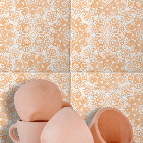 Light Orange White Ornate Symmetrical Geometric Ceramic Tile