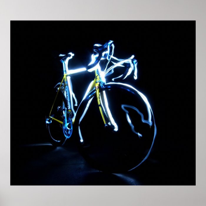 Light painting  a blue and yellow bike   posters