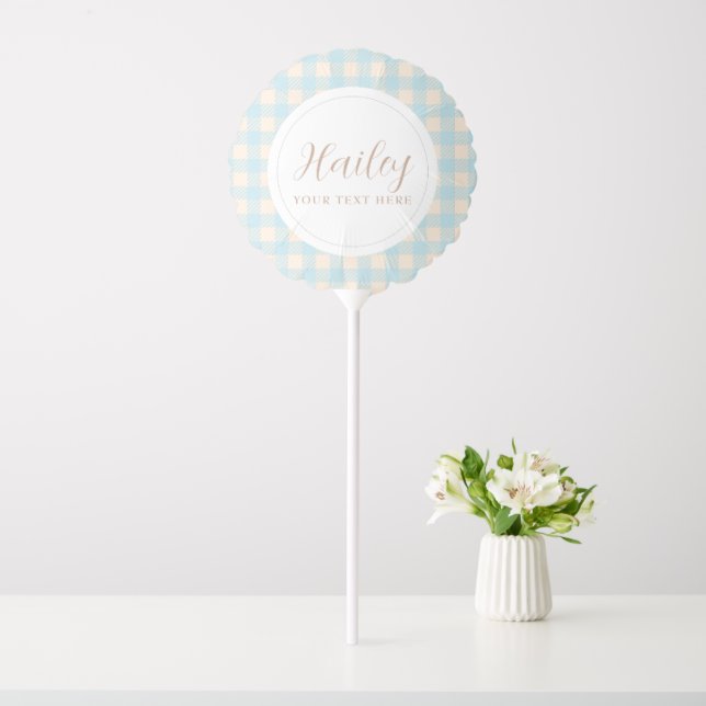 Light pale blue gingham plaid checked baby shower balloon (In SItu)