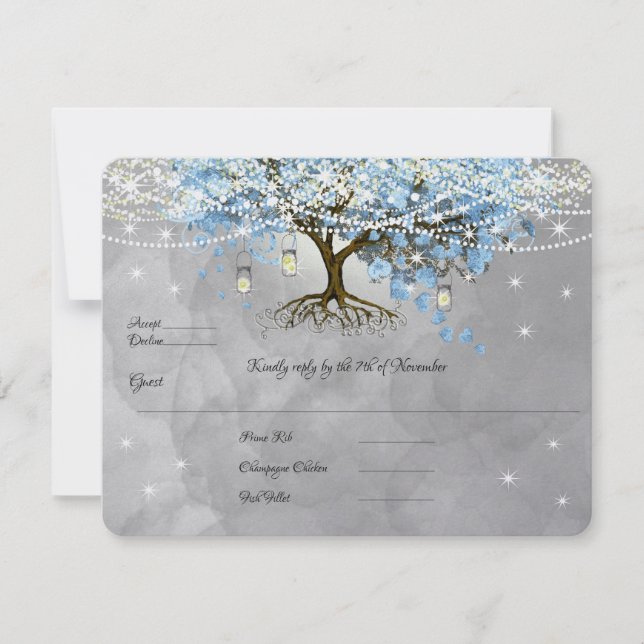 Light Pale Dusty Blue Heart Leaf Tree Forest Rsvp Card (Front)