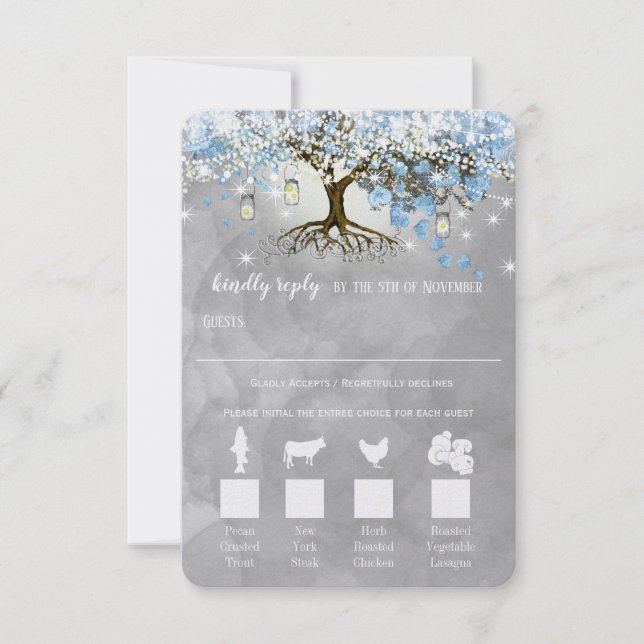 Light Pale Dusty Blue Heart Leaf Tree Forest Rsvp Card (Front)