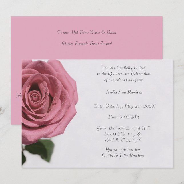 Light Pale Pink Rose Quinceañera Invitation (Front/Back)