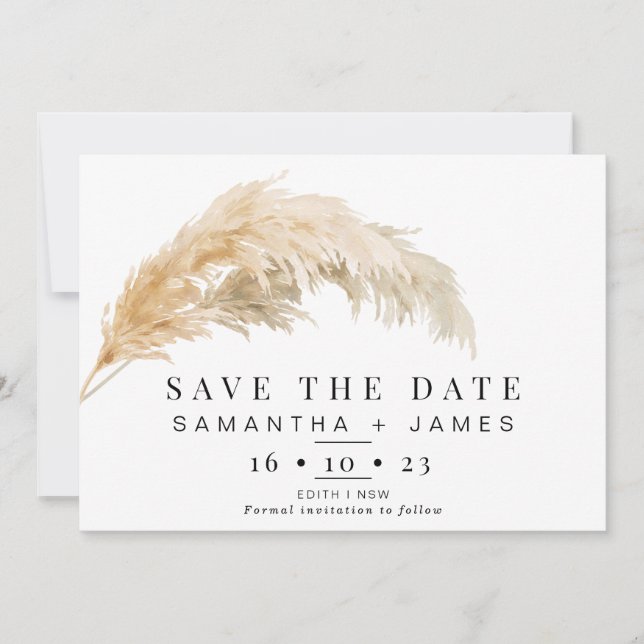 Light Pampas Grass Boho Wedding Save The Date Card (Front)