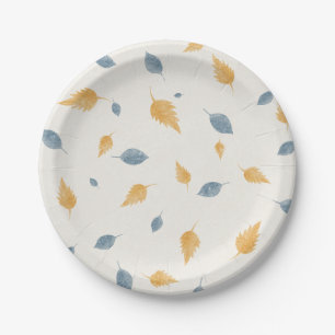 Light Pastel Blue and Brown Autumn Leaves Pattern Paper Plates