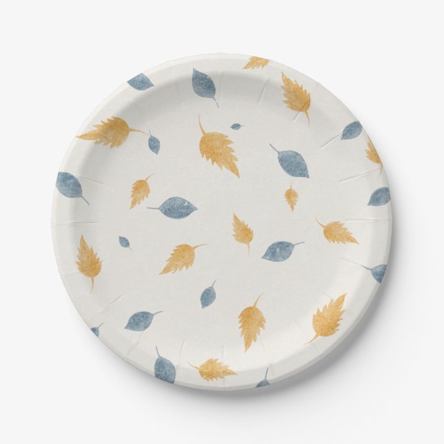 Light Pastel Blue and Brown Autumn Leaves Pattern Paper Plates (Front)