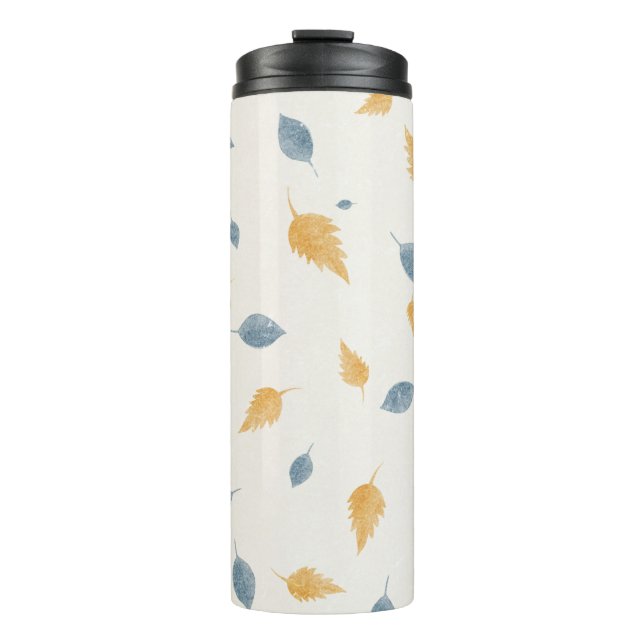 Light Pastel Blue and Brown Autumn Leaves Pattern Thermal Tumbler (Front)