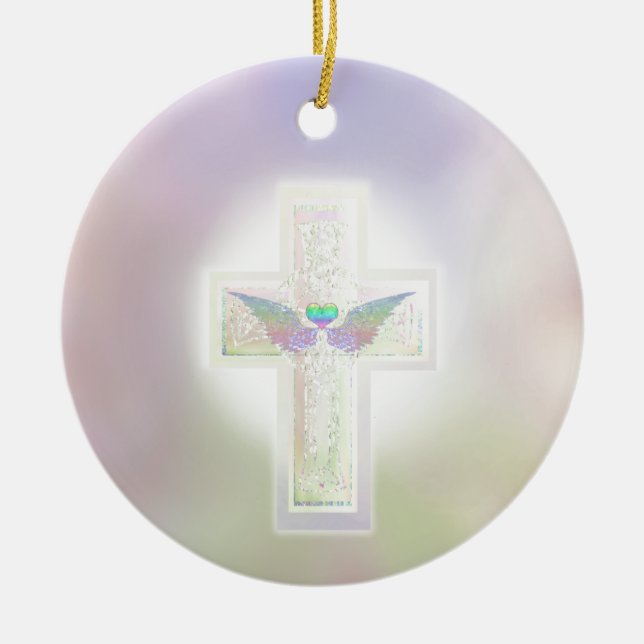 Light pastel pearl cross with heart and angel wing ceramic ornament (Front)