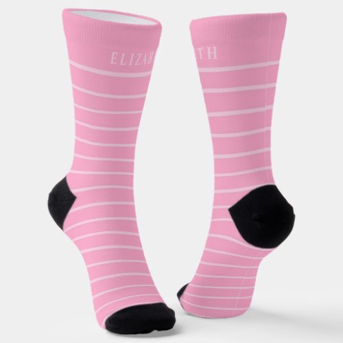  Light Pastel Pink White Lines Striped Custom Name Socks
