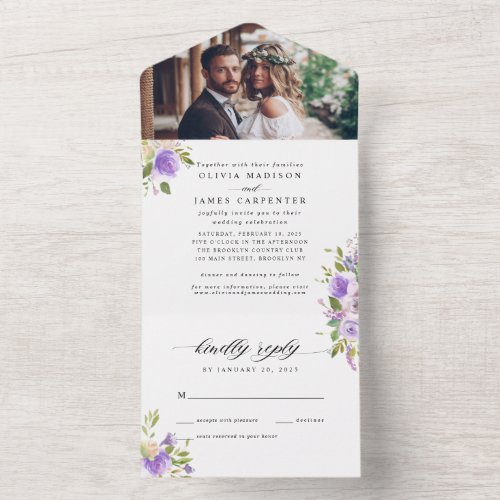 Light Pastel Purple Greenery Floral Photo Wedding All In One Invitation