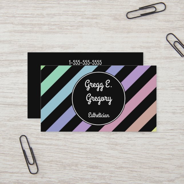 Light Pastel Striped Esthetician Business Card (Front/Back In Situ)