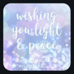 Light & Peace- Blue Sparkles Happy Hanukkah Square Sticker<br><div class="desc">NewParkLane - Glamorous Hanukkah Stickers,  with blue sparkling,  glittering lights and quote 'wishing you light & peace' in a script typography. The backside says: 'happy hanukkah' in blue script.</div>