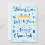 Light & Peace Happy Chanukah<br><div class="desc">A Jewish Hanukkah theme card with a menorah,  Star of David and Driedel. The text reads Wishing You Light & Peace Happy Chanukah. The background is a light blue watercolor wash. Click Customize It to personalize the back with your own message,  photo and/or company logo.</div>