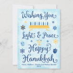 Light & Peace Happy Hanukkah Holiday Card<br><div class="desc">A Jewish Hanukkah theme card with a menorah,  Star of David and Driedel. The text reads Wishing You Light & Peace Happy Hanukkah. The background is a light blue watercolor wash. Click Customize It to personalize the back with your own message,  photo and/or company logo.</div>