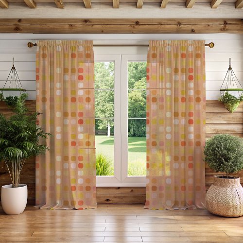 Light Peach Orange Red White Round Squares Pattern Sheer Curtains