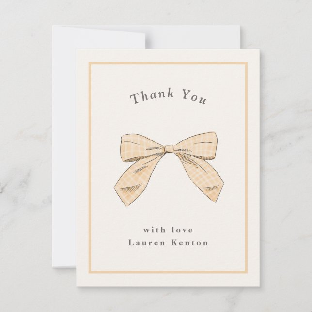 Light Peach Plaid Bow Elegant Baby Shower Thank You Card (Front)