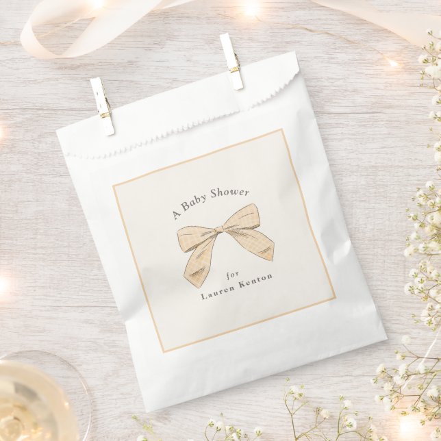 Light Peach Plaid Bow Elegant Neutral Baby Shower Favor Bag (Clipped)