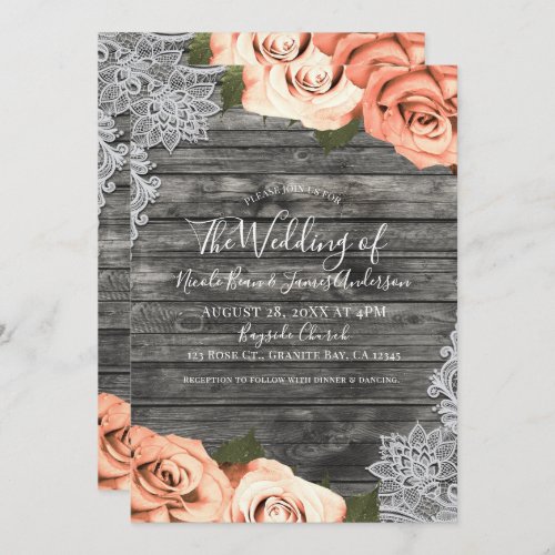 Light Peach Roses Grey Rustic White Lace Wedding Invitation