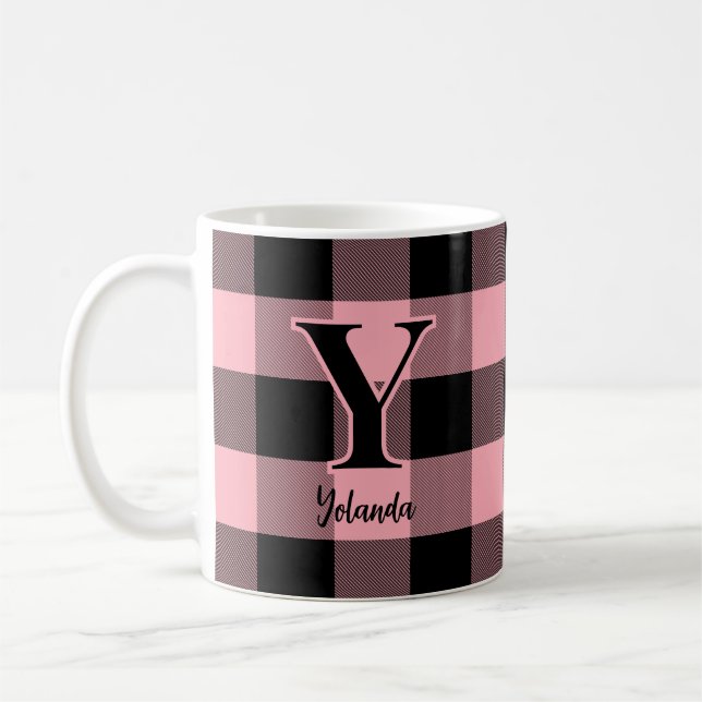 Light Pink and Black Buffalo Plaid Custom Coffee Mug (Left)