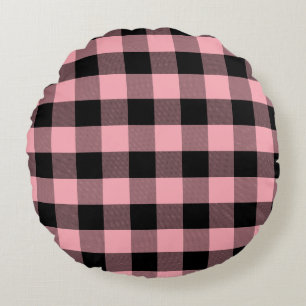 Light Pink and Black Buffalo Plaid Round Pillow
