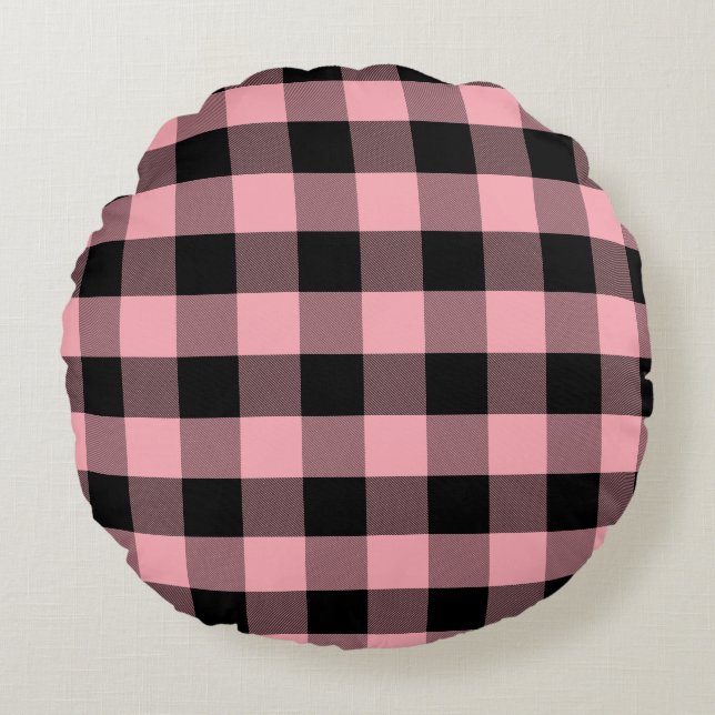 Light Pink and Black Buffalo Plaid Round Pillow (Front)
