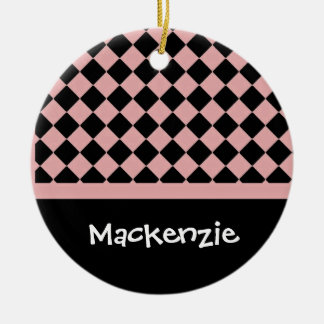 Light Pink and Black Diamonds Custom Name Ceramic Ornament