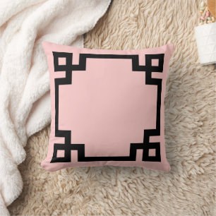 Light Pink and Black Greek Key Border Throw Pillow