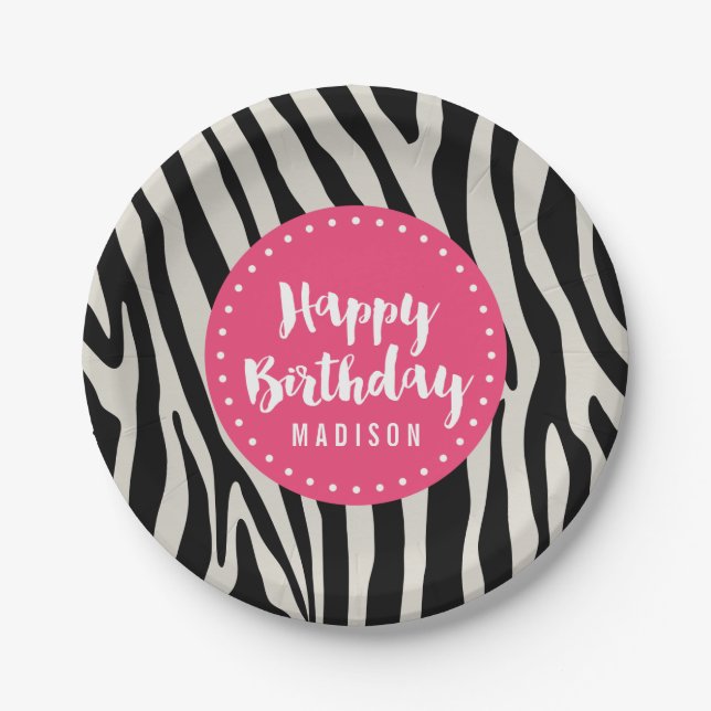 Light Pink and Black Zebra Stripe Birthday Party Paper Plates (Front)