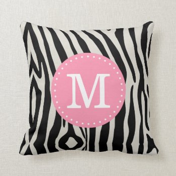 Light Pink And Black Zebra Stripe Custom Monogram Throw Pillow by cardeddesigns at Zazzle