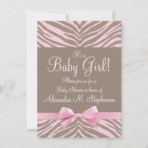 Light Pink and Brown Zebra Bow Baby Shower Invitation