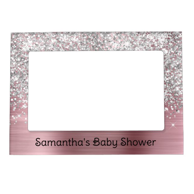 Light Pink and Glittery Silver Glam Baby Shower Magnetic Frame (Front)