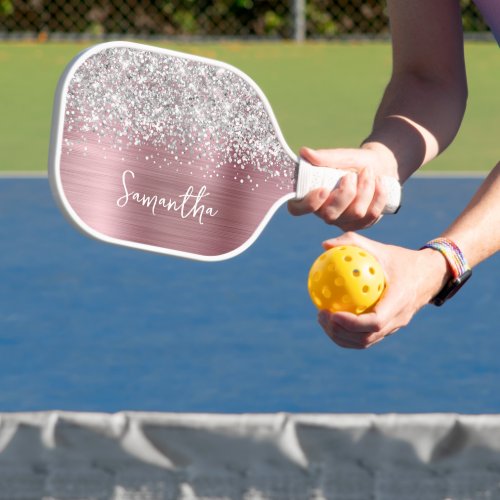 Light Pink and Glittery Silver Glam Script Name Pickleball Paddle