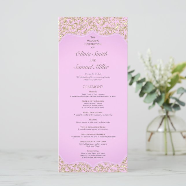 Light Pink And Gold Elegant Damask Wedding Program (Standing Front)