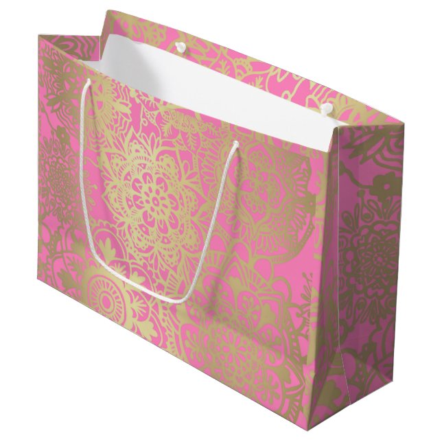 Light Pink and Gold Mandala Pattern Large Gift Bag (Front Angled)