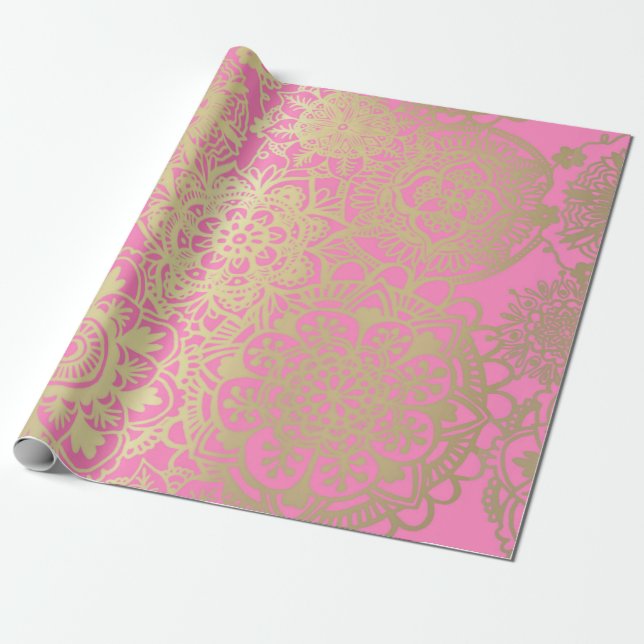Light Pink and Gold Mandala Pattern Wrapping Paper (Unrolled)