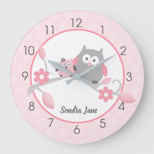 Light Pink and Gray Happy Owls Girl Nursery Large Clock