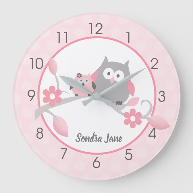 Light Pink and Gray Happy Owls Girl Nursery Large Clock (Front)