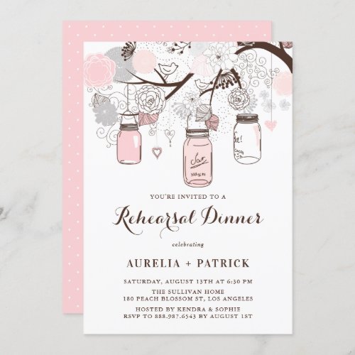 Light Pink and Gray Mason Jars Rehearsal Dinner Invitation