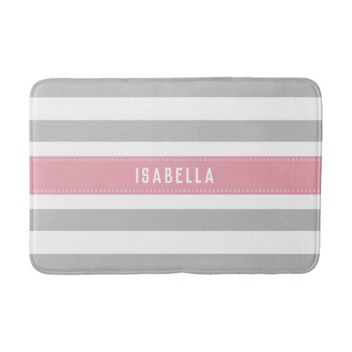 Light Pink and Gray Wide Stripes Pattern Name Bath Mat